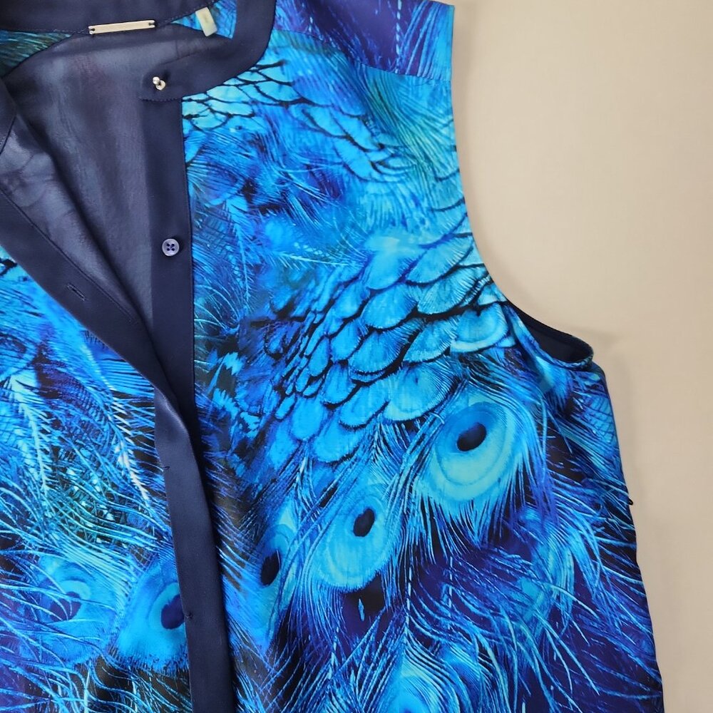 Elie Tahari vibrant blue peacock feather print top lightweight dual-layer S - Picture 5 of 12